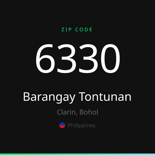 Shareable ZIP code 6330 card for Barangay Tontunan, dark theme