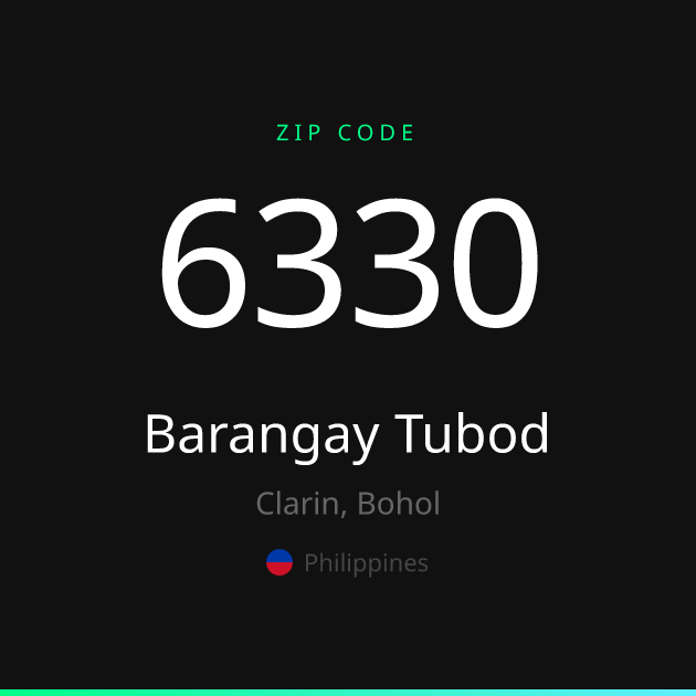Shareable ZIP code 6330 card for Barangay Tubod, dark theme