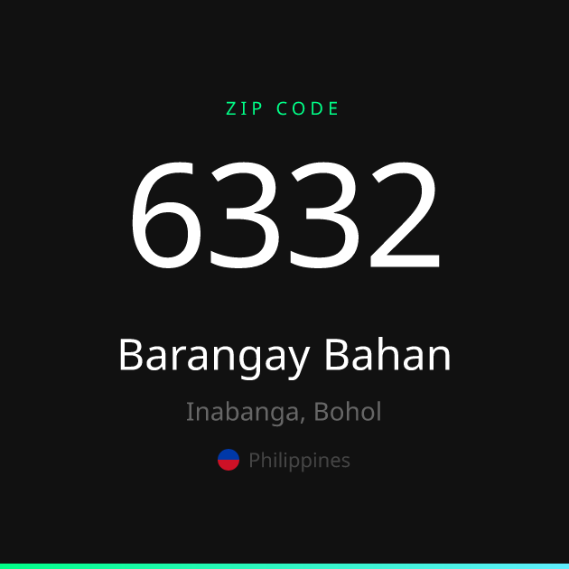 Shareable ZIP code 6332 card for Barangay Bahan, dark theme
