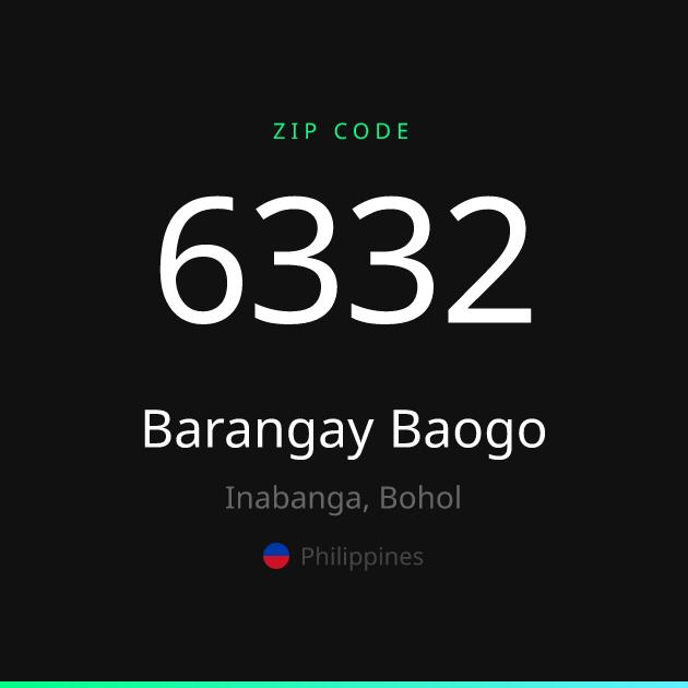 Shareable ZIP code 6332 card for Barangay Baogo, dark theme