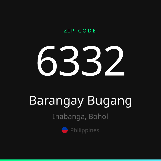 Shareable ZIP code 6332 card for Barangay Bugang, dark theme
