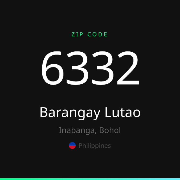 Shareable ZIP code 6332 card for Barangay Lutao, dark theme