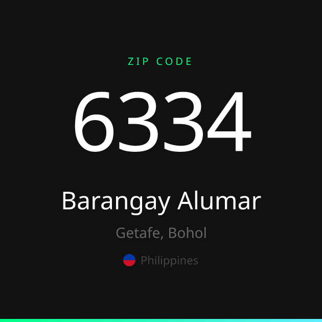 Shareable ZIP code 6334 card for Barangay Alumar, dark theme