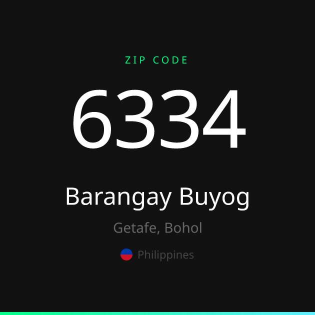 Shareable ZIP code 6334 card for Barangay Buyog, dark theme