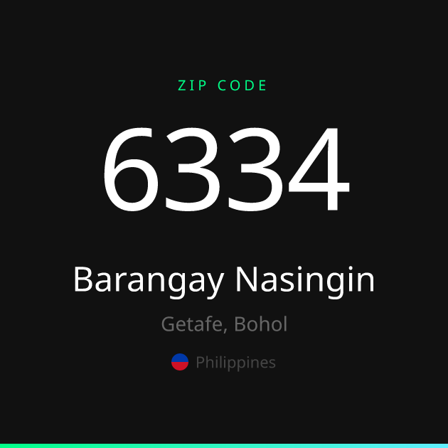 Shareable ZIP code 6334 card for Barangay Nasingin, dark theme
