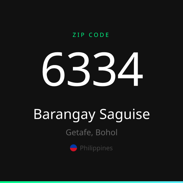 Shareable ZIP code 6334 card for Barangay Saguise, dark theme