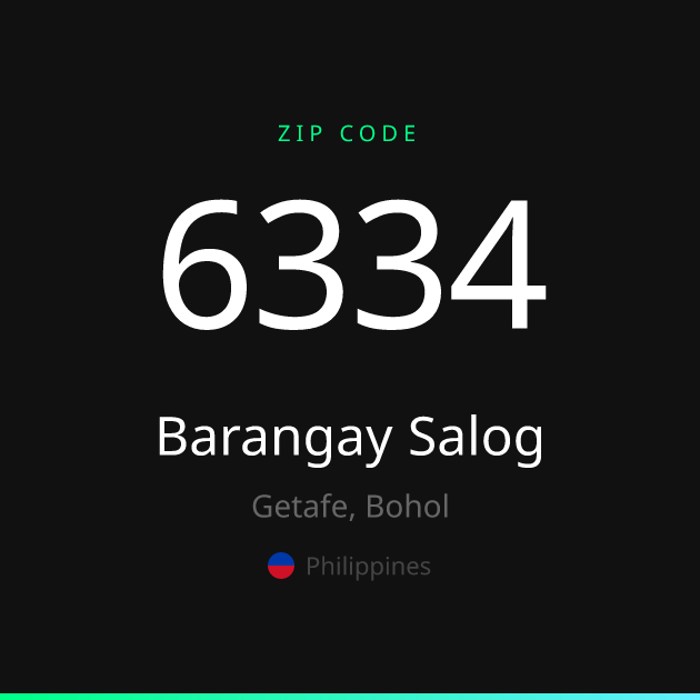 Shareable ZIP code 6334 card for Barangay Salog, dark theme
