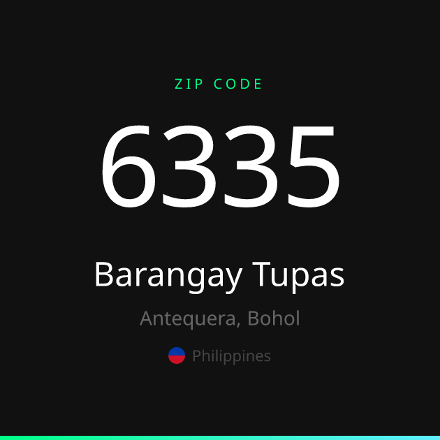 Shareable ZIP code 6335 card for Barangay Tupas, dark theme