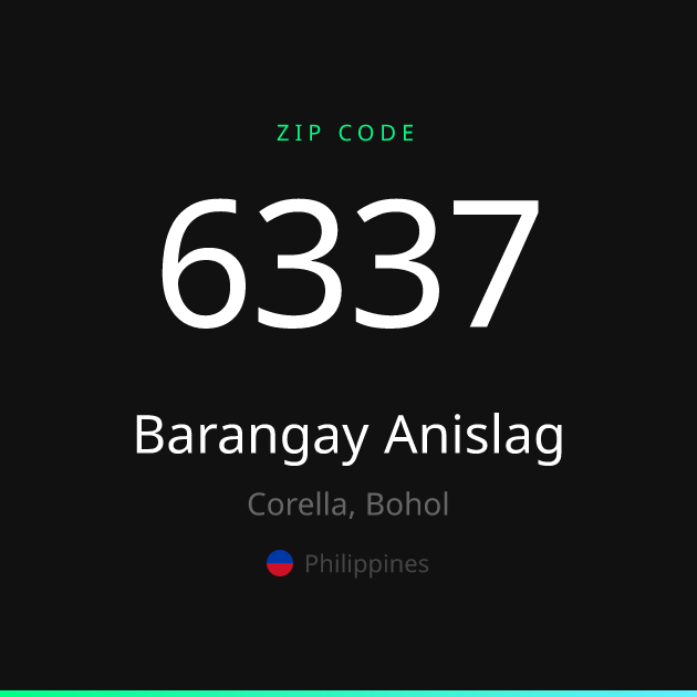 Shareable ZIP code 6337 card for Barangay Anislag, dark theme