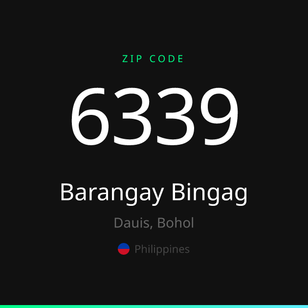 Shareable ZIP code 6339 card for Barangay Bingag, dark theme