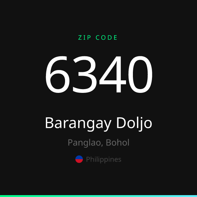 Shareable ZIP code 6340 card for Barangay Doljo, dark theme