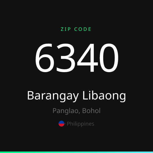 Shareable ZIP code 6340 card for Barangay Libaong, dark theme
