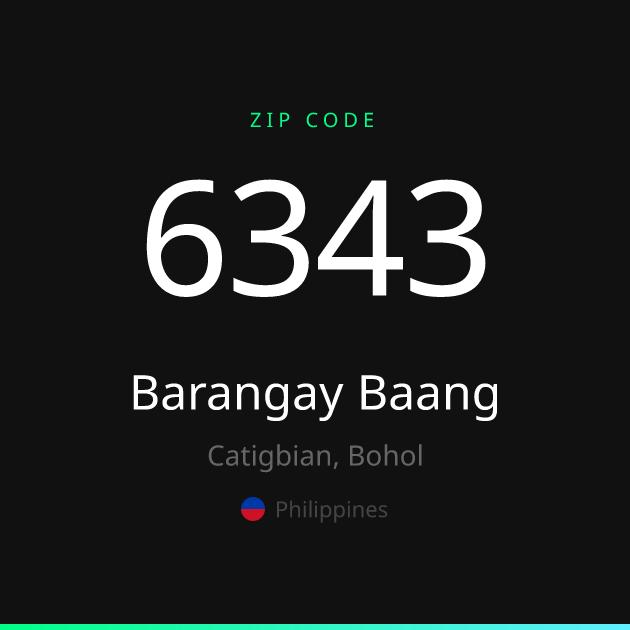 Shareable ZIP code 6343 card for Barangay Baang, dark theme