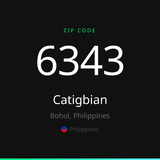 Shareable ZIP code 6343 card for Catigbian, dark theme