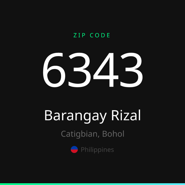 Shareable ZIP code 6343 card for Barangay Rizal, dark theme