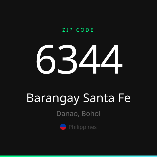 Shareable ZIP code 6344 card for Barangay Santa Fe, dark theme