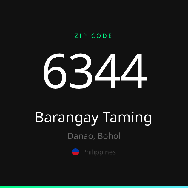 Shareable ZIP code 6344 card for Barangay Taming, dark theme