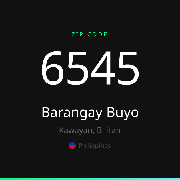 Shareable ZIP code 6545 card for Barangay Buyo, dark theme