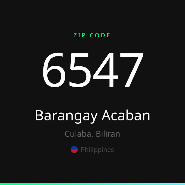 Shareable ZIP code 6547 card for Barangay Acaban, dark theme