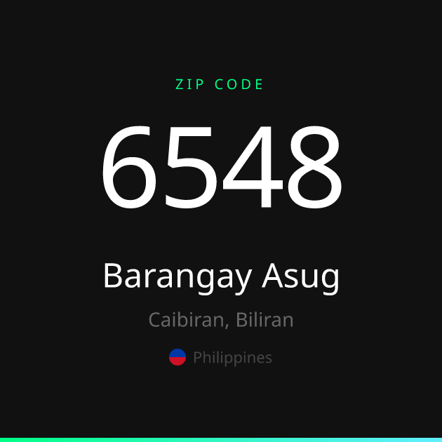Shareable ZIP code 6548 card for Barangay Asug, dark theme