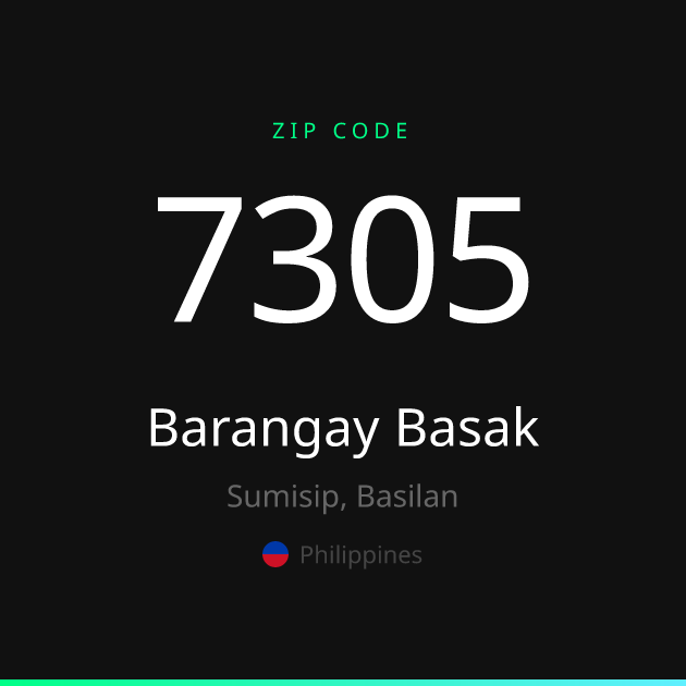 Shareable ZIP code 7305 card for Barangay Basak, dark theme