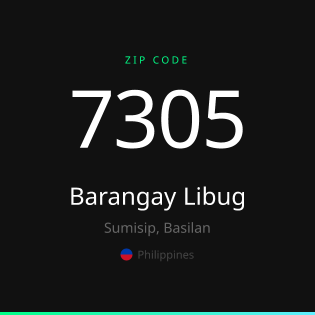 Shareable ZIP code 7305 card for Barangay Libug, dark theme