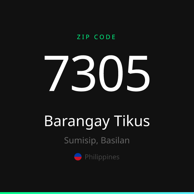 Shareable ZIP code 7305 card for Barangay Tikus, dark theme
