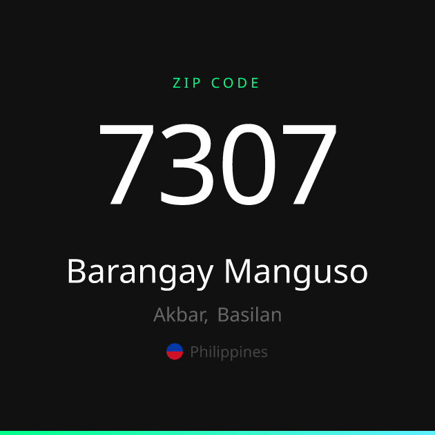 Shareable ZIP code 7307 card for Barangay Manguso, dark theme