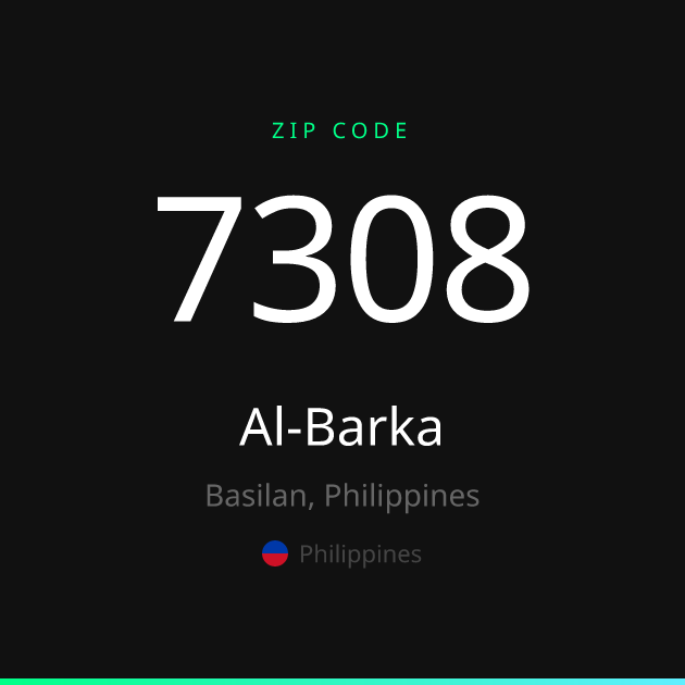 Shareable ZIP code 7308 card for Al-Barka, dark theme