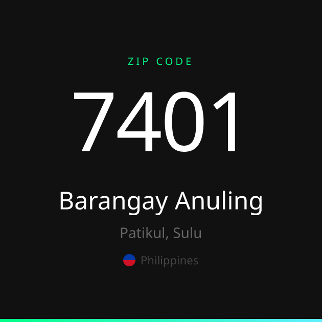 Shareable ZIP code 7401 card for Barangay Anuling, dark theme