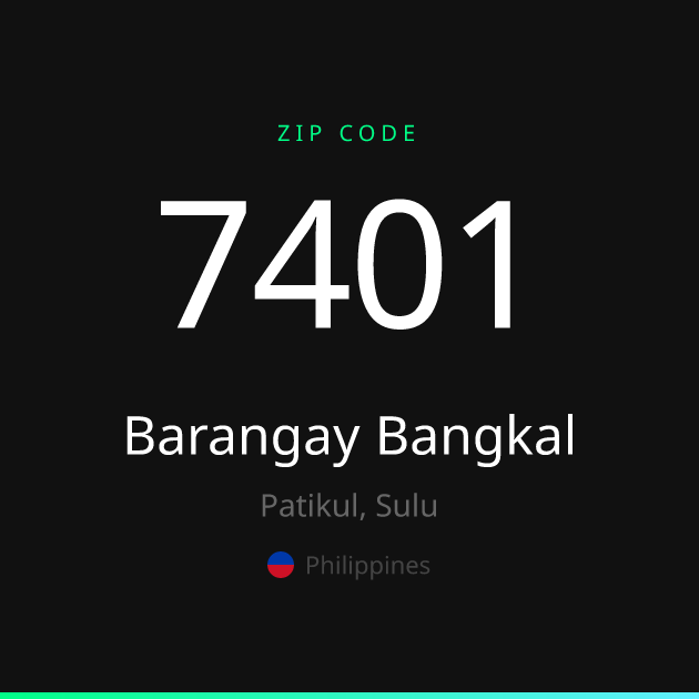 Shareable ZIP code 7401 card for Barangay Bangkal, dark theme