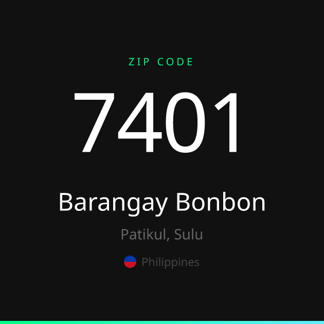 Shareable ZIP code 7401 card for Barangay Bonbon, dark theme