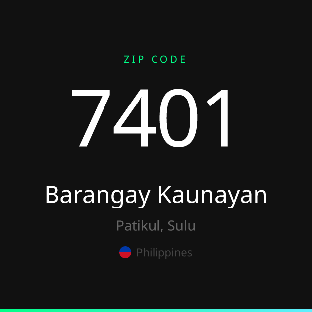 Shareable ZIP code 7401 card for Barangay Kaunayan, dark theme