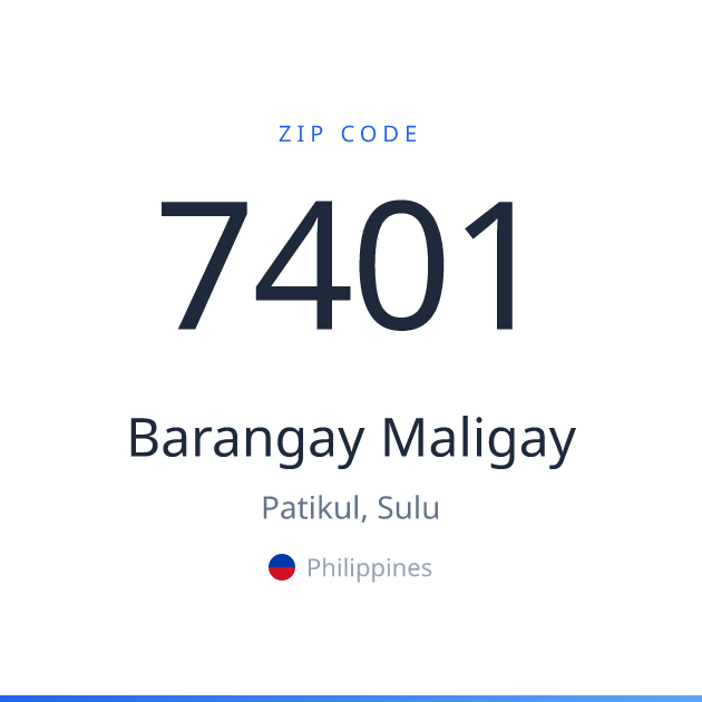 Shareable ZIP code 7401 card for Barangay Maligay, light theme