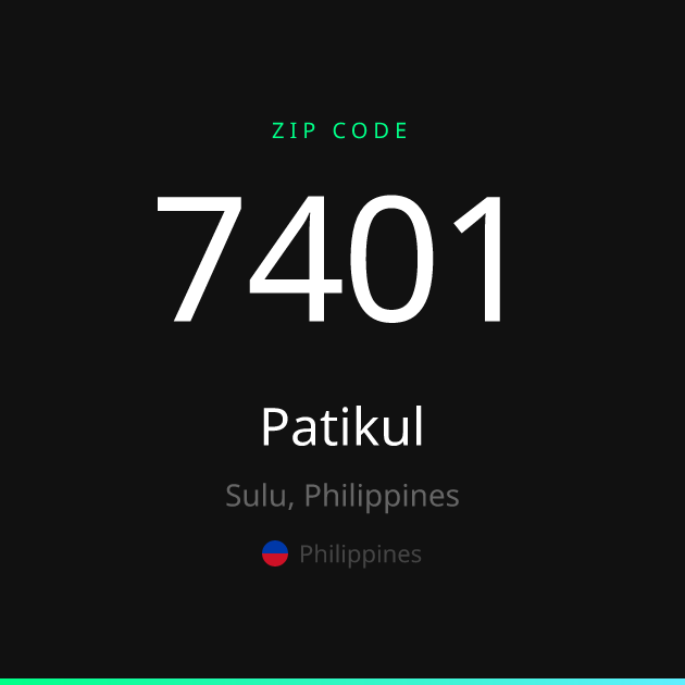 Shareable ZIP code 7401 card for Patikul, dark theme