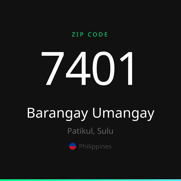 Shareable ZIP code 7401 card for Barangay Umangay, dark theme