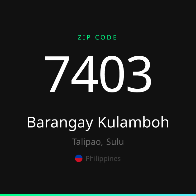 Shareable ZIP code 7403 card for Barangay Kulamboh, dark theme