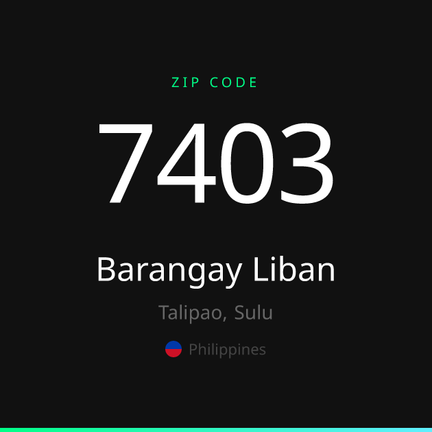 Shareable ZIP code 7403 card for Barangay Liban, dark theme
