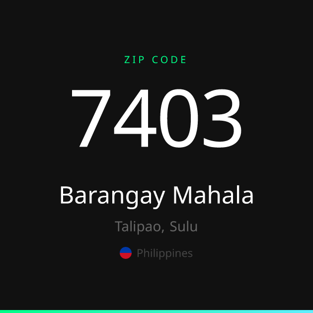 Shareable ZIP code 7403 card for Barangay Mahala, dark theme