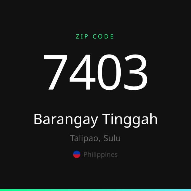 Shareable ZIP code 7403 card for Barangay Tinggah, dark theme