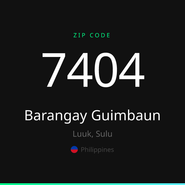 Shareable ZIP code 7404 card for Barangay Guimbaun, dark theme