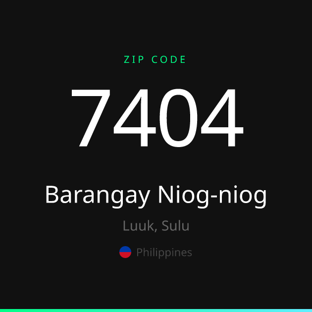 Shareable ZIP code 7404 card for Barangay Niog-niog, dark theme
