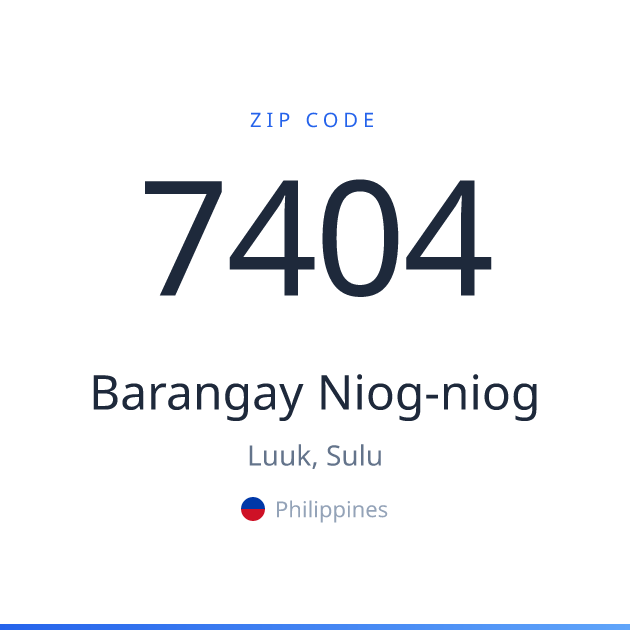 Shareable ZIP code 7404 card for Barangay Niog-niog, light theme