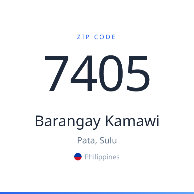 Shareable ZIP code 7405 card for Barangay Kamawi, light theme