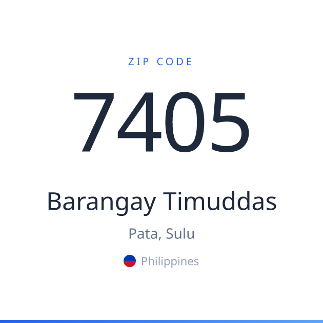 Shareable ZIP code 7405 card for Barangay Timuddas, light theme