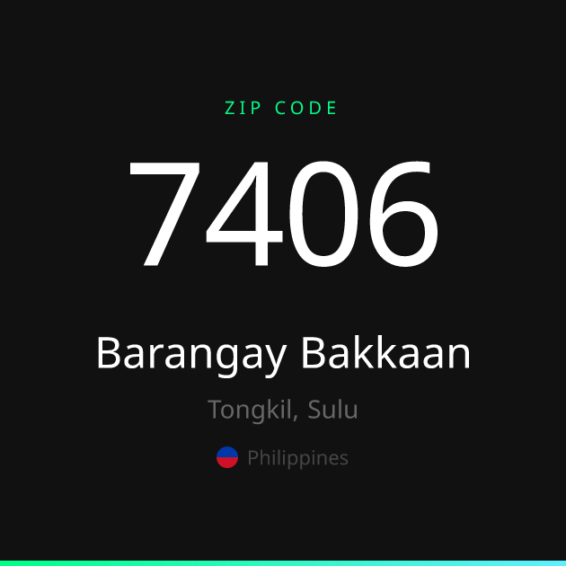 Shareable ZIP code 7406 card for Barangay Bakkaan, dark theme
