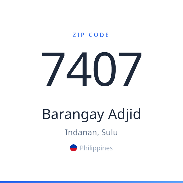 Shareable ZIP code 7407 card for Barangay Adjid, light theme