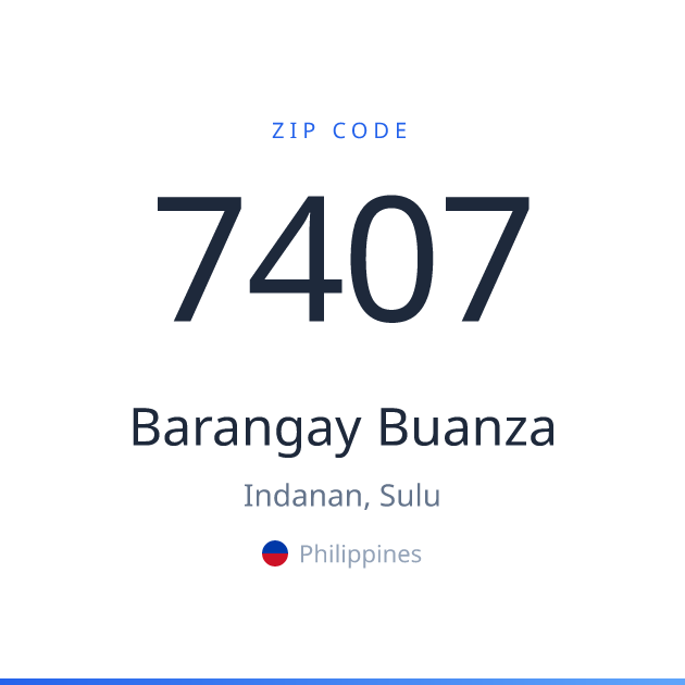 Shareable ZIP code 7407 card for Barangay Buanza, light theme