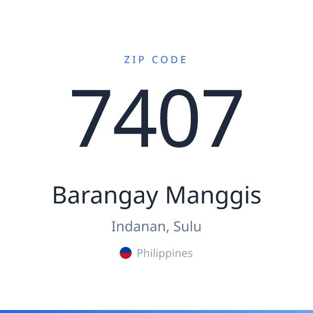 Shareable ZIP code 7407 card for Barangay Manggis, light theme