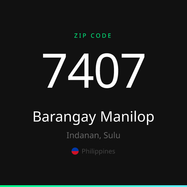 Shareable ZIP code 7407 card for Barangay Manilop, dark theme